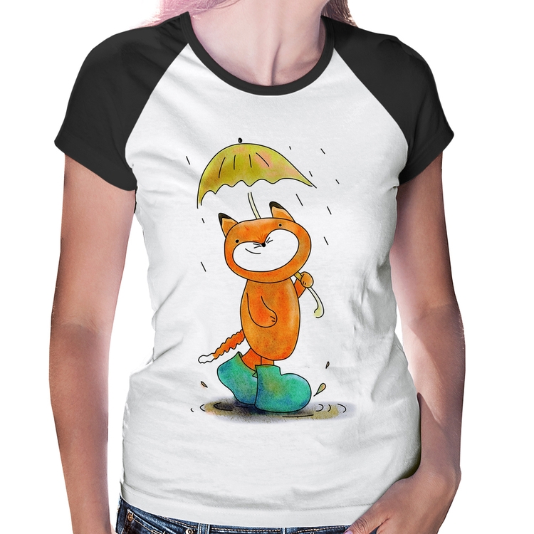 Baby Look Raglan Raposa Fofinha Na Chuva