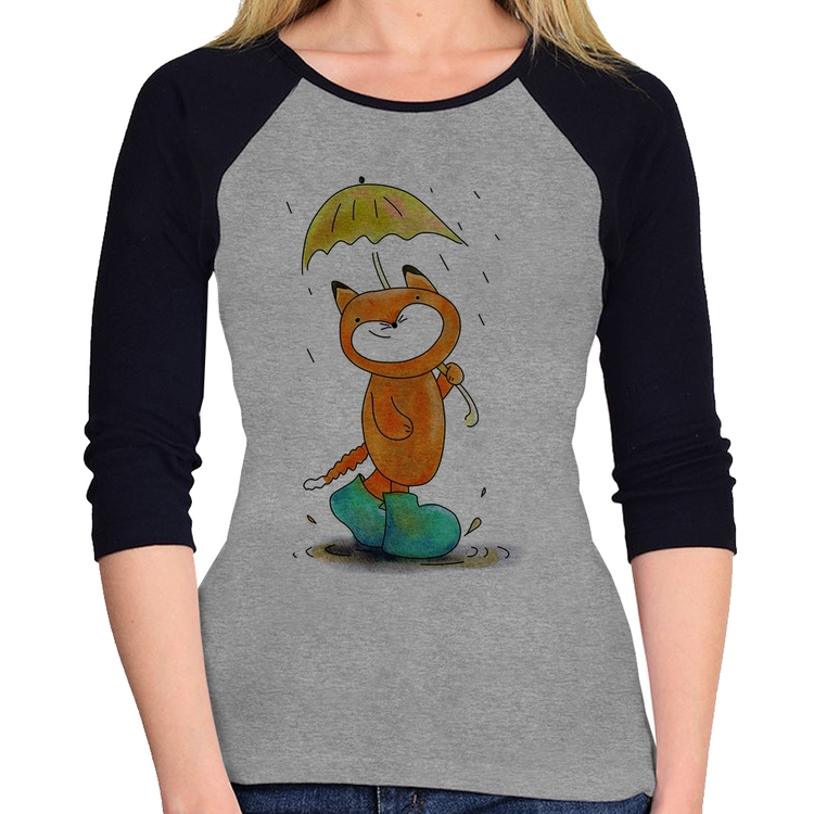 Baby Look Raglan Raposa Fofinha Na Chuva Manga 3/4 - Cinza/Preto
