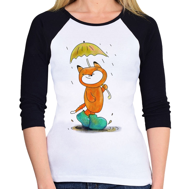 Baby Look Raglan Raposa Fofinha Na Chuva Manga 3/4