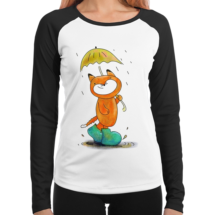 Baby Look Raglan Raposa Fofinha Na Chuva Manga Longa