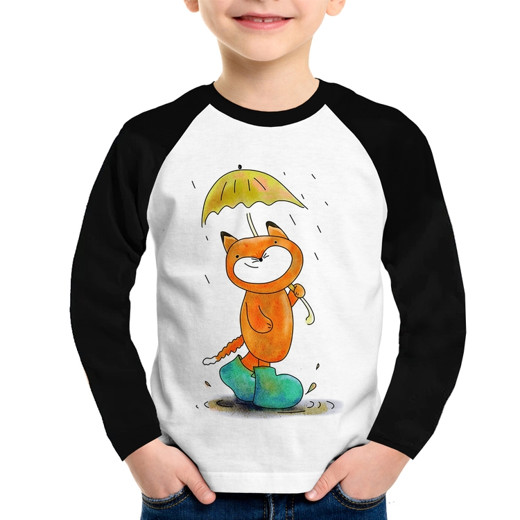 Camiseta Raglan Infantil Raposa Fofinha Na Chuva Manga Longa