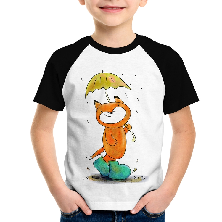 Camiseta Raglan Infantil Raposa Fofinha Na Chuva