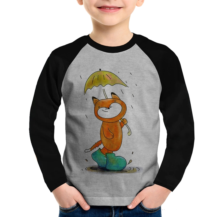 Camiseta Raglan Infantil Raposa Fofinha Na Chuva Manga Longa - Cinza/Preto