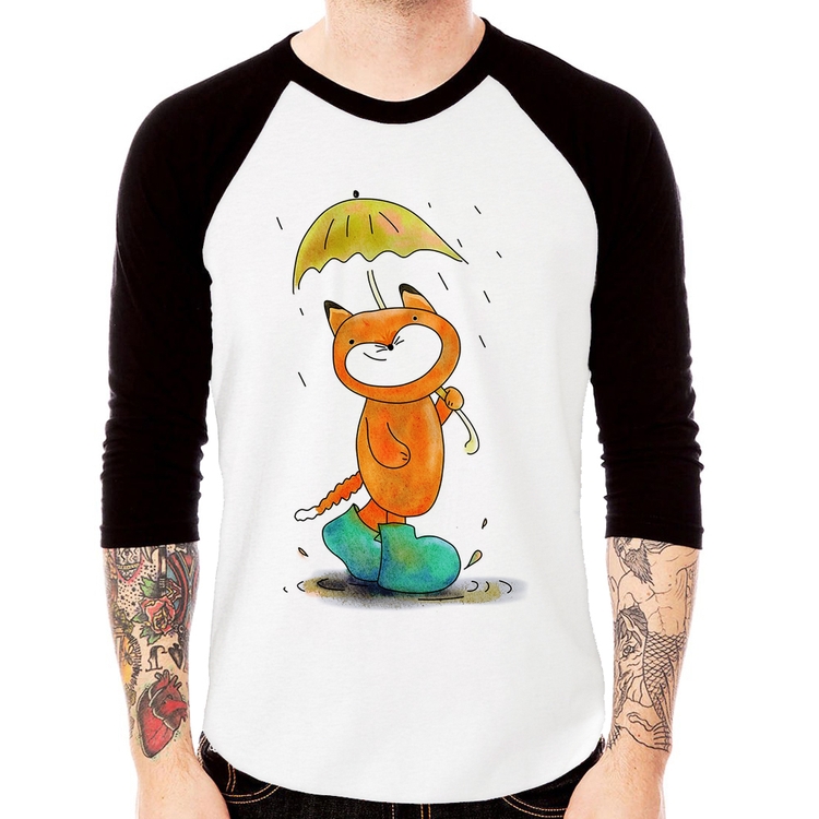 Camiseta Raglan Raposa Fofinha Na Chuva Manga 3/4
