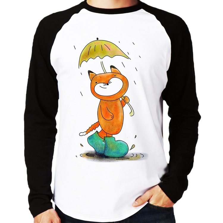 Camiseta Raglan Raposa Fofinha Na Chuva Manga Longa