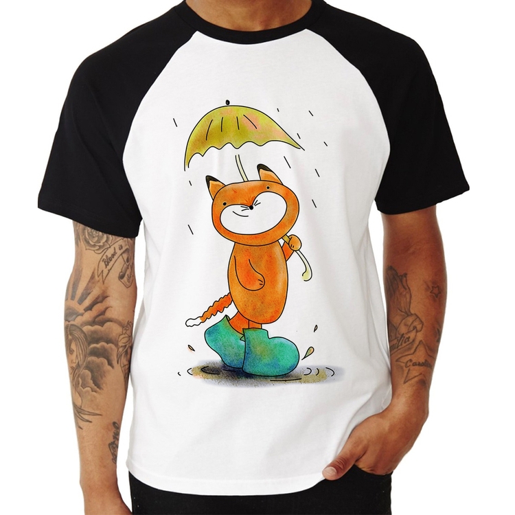 Camiseta Raglan Raposa Fofinha Na Chuva