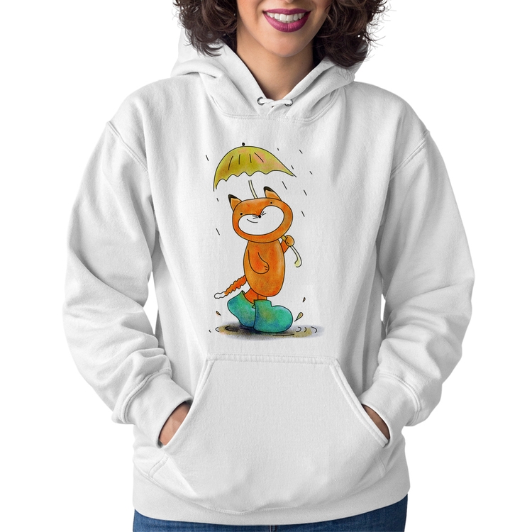 Moletom Feminino Raposa Fofinha Na Chuva - Branco