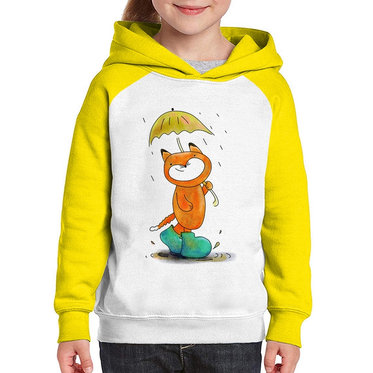Moletom Infantil Raposa Fofinha Na Chuva - Branco/Amarelo