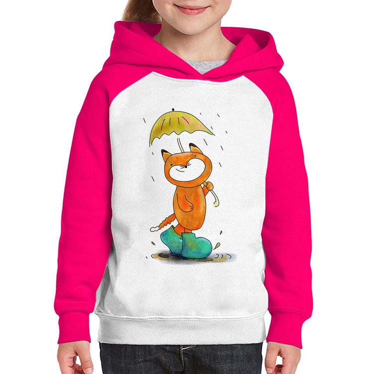 Moletom Infantil Raposa Fofinha Na Chuva - Branco/Rosa