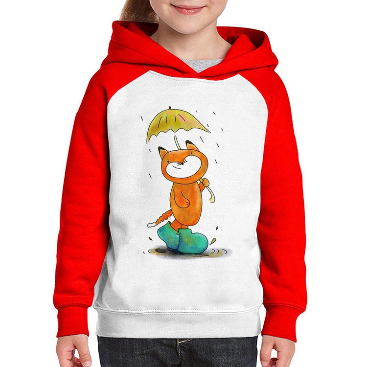 Moletom Infantil Raposa Fofinha Na Chuva - Branco/Vermelho