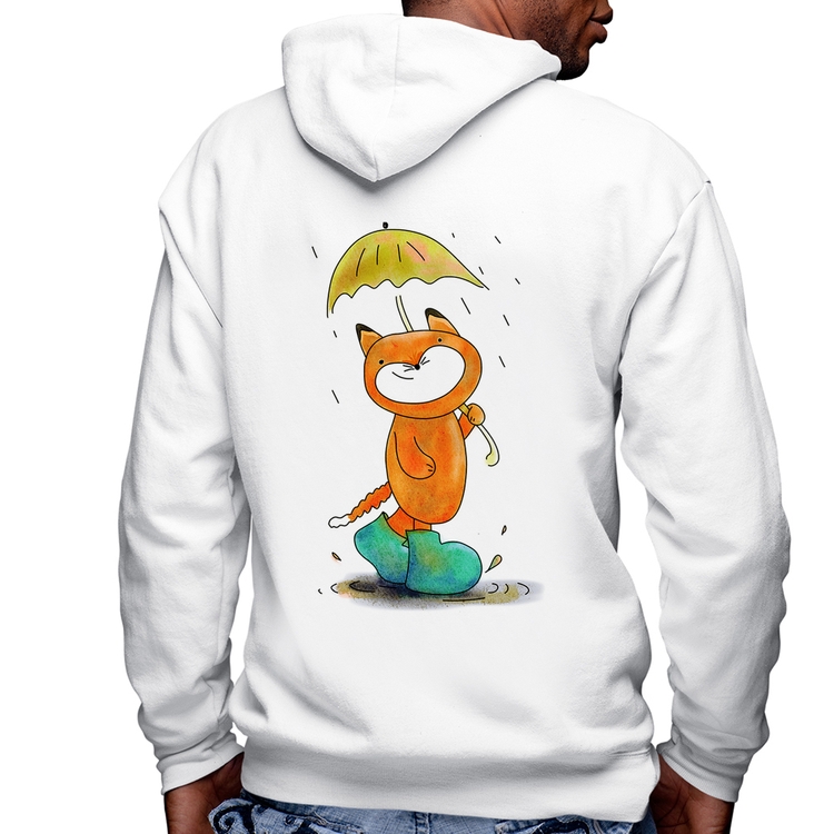 Blusa Moletom Raposa Fofinha Na Chuva Masculina com Capuz e Zíper - Branca