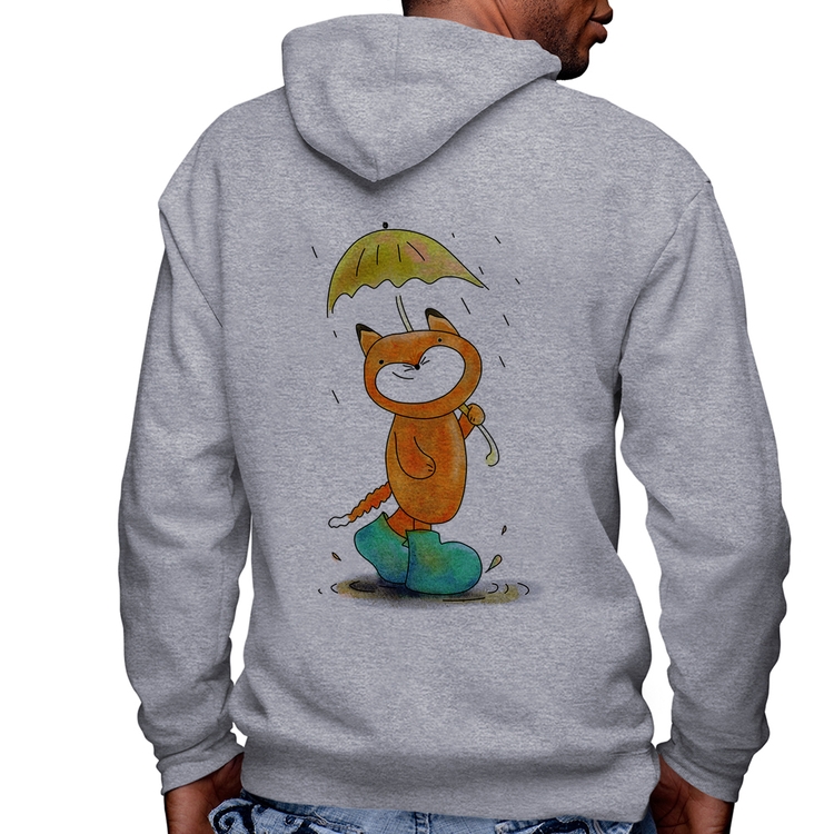 Blusa Moletom Raposa Fofinha Na Chuva Masculina com Capuz e Zíper - Mescla