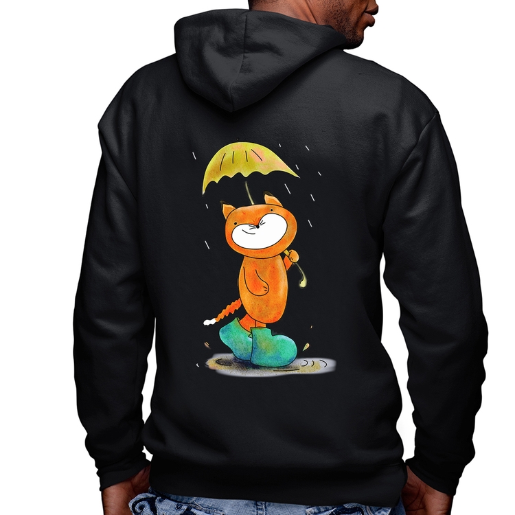 Blusa Moletom Raposa Fofinha Na Chuva Masculina com Capuz e Zíper
