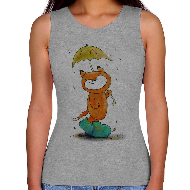 Regata Feminina Raposa Fofinha Na Chuva - Cinza