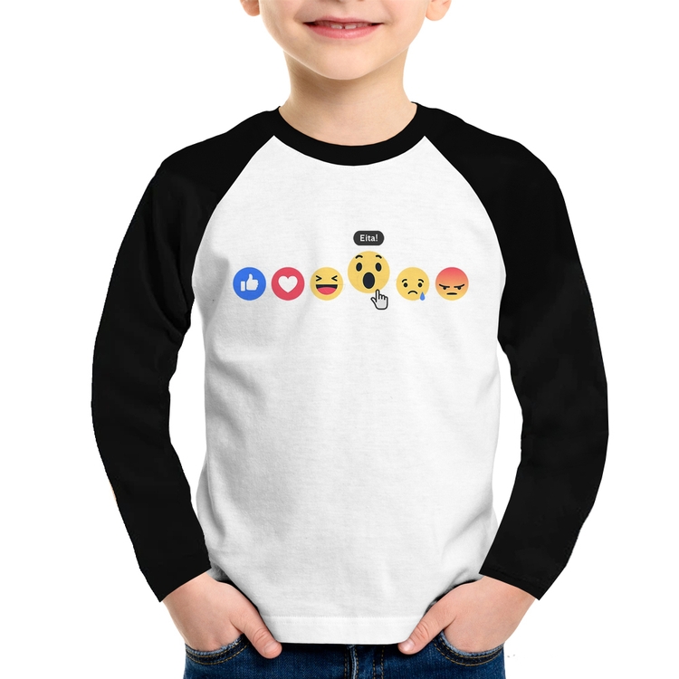 Camiseta Raglan Infantil Reações Facebook Eita! Manga Longa