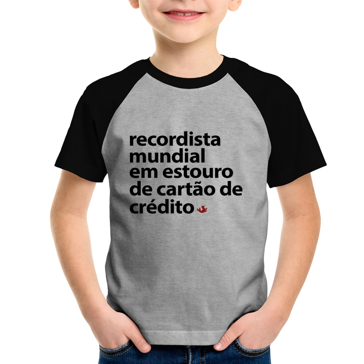 Camiseta Raglan Infantil Recordista mundial em estouro de cartão - Cinza/Preto