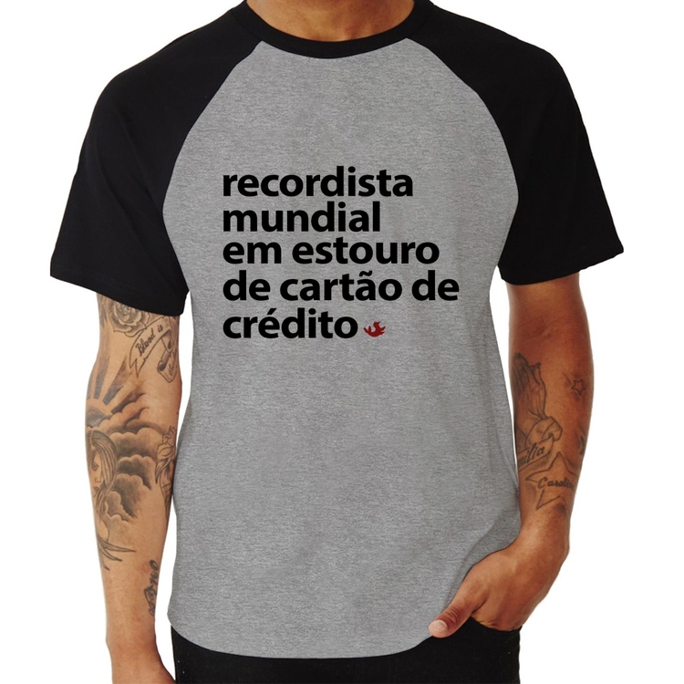 Camiseta Raglan Recordista mundial em estouro de cartão - Cinza/Preto