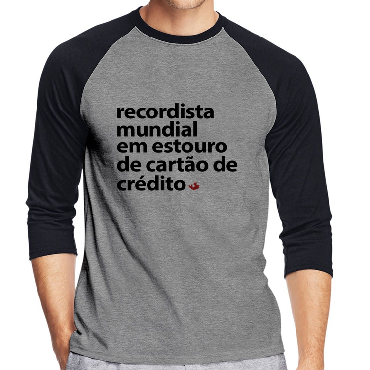 Camiseta Raglan Recordista mundial em estouro de cartão Manga 3/4 - Cinza/Preto