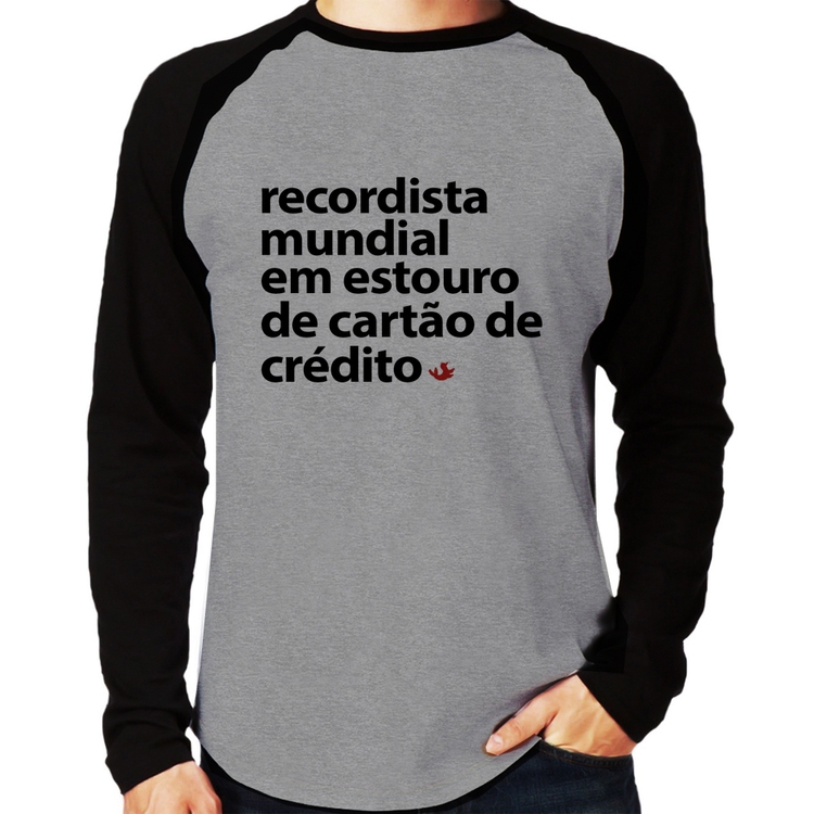 Camiseta Raglan Recordista mundial em estouro de cartão Manga Longa - Cinza/Preto