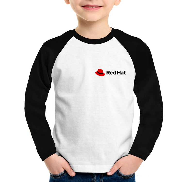 Camiseta Raglan Infantil Red Hat Linux Manga Longa