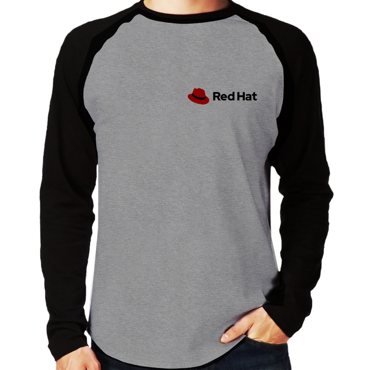 Camiseta Raglan Red Hat Linux Manga Longa - Cinza/Preto