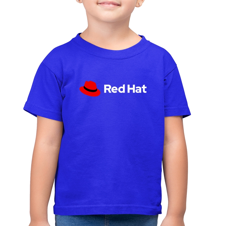 Camiseta Algodão Infantil Red Hat Linux Logo - Azul Royal