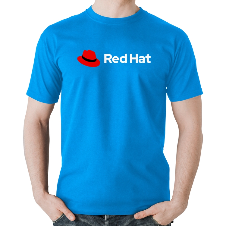 Camiseta Algodão Red Hat Linux Logo - Azul