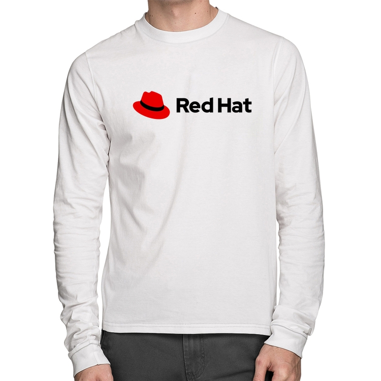 Camiseta Algodão Red Hat Linux Logo Manga Longa - Branca