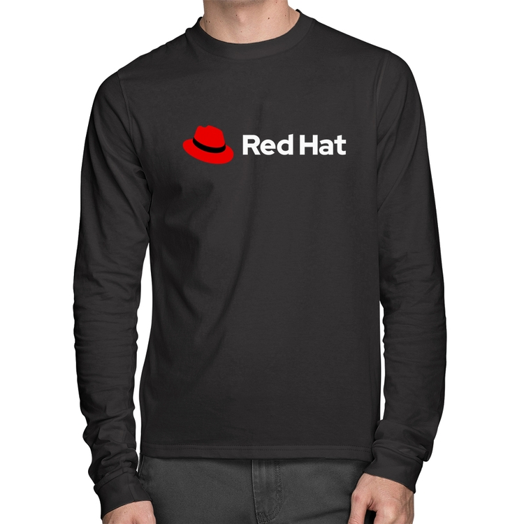 Camiseta Algodão Red Hat Linux Logo Manga Longa