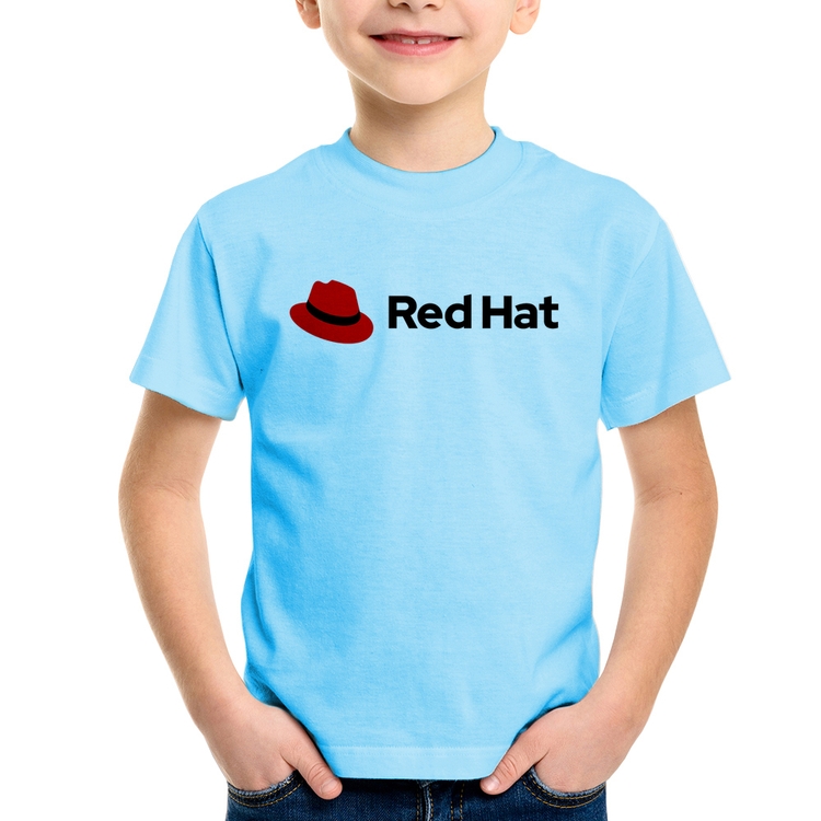 Camiseta Infantil Red Hat Linux Logo - Azul Bebê