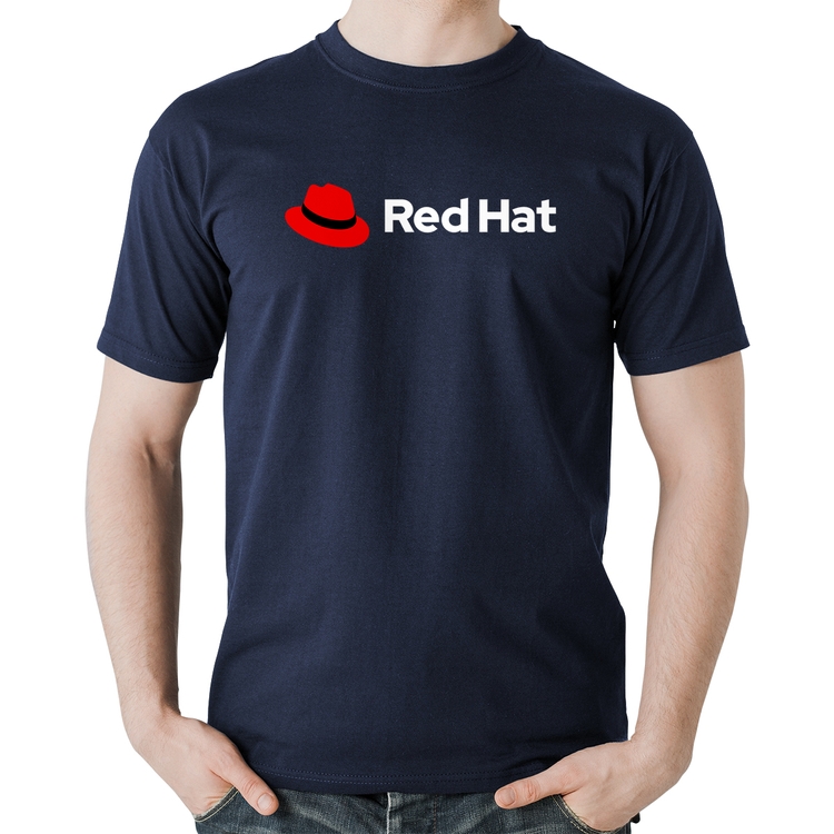 Camiseta Algodão Red Hat Linux Logo - Marinho
