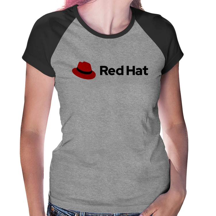 Baby Look Raglan Red Hat Linux Logo - Cinza/Preto