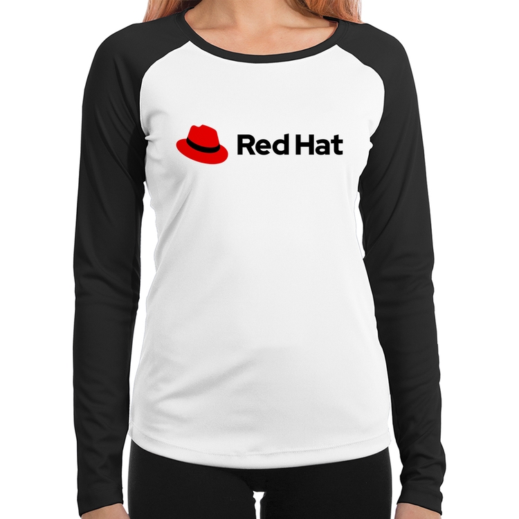 Baby Look Raglan Red Hat Linux Logo Manga Longa