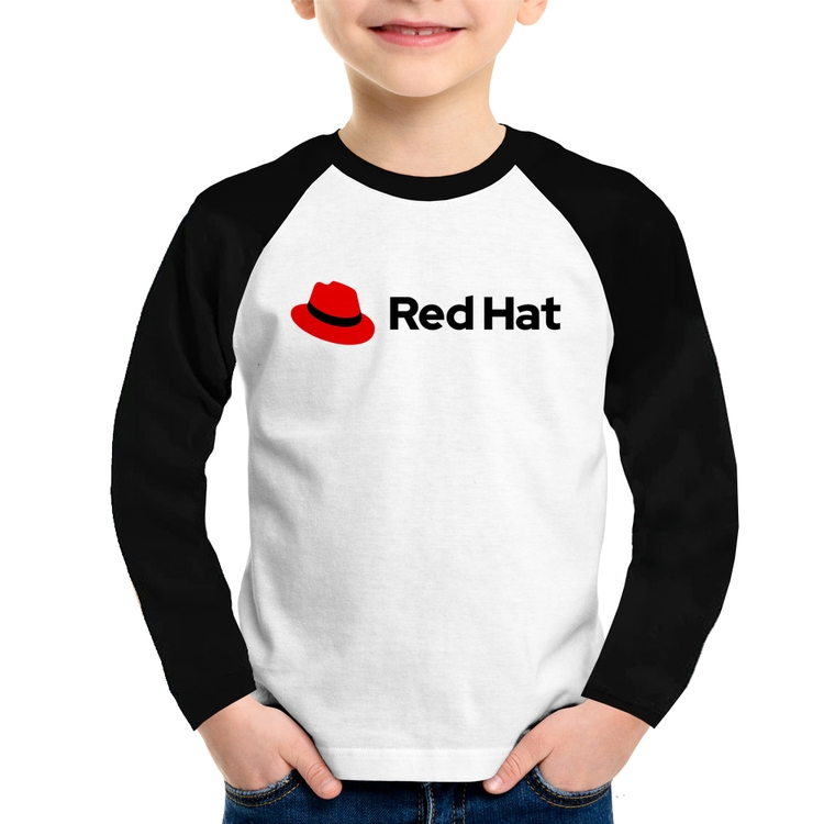 Camiseta Raglan Infantil Red Hat Linux Logo Manga Longa
