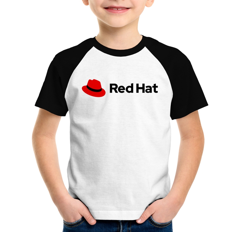 Camiseta Raglan Infantil Red Hat Linux Logo