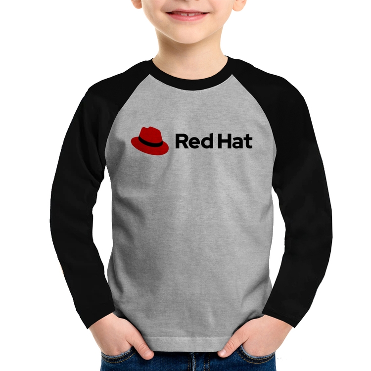Camiseta Raglan Infantil Red Hat Linux Logo Manga Longa - Cinza/Preto