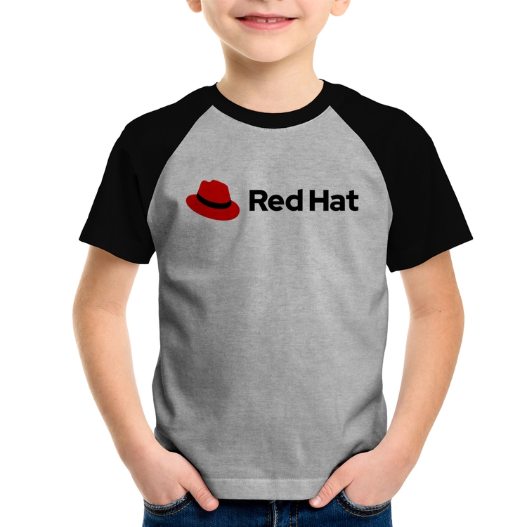 Camiseta Raglan Infantil Red Hat Linux Logo - Cinza/Preto