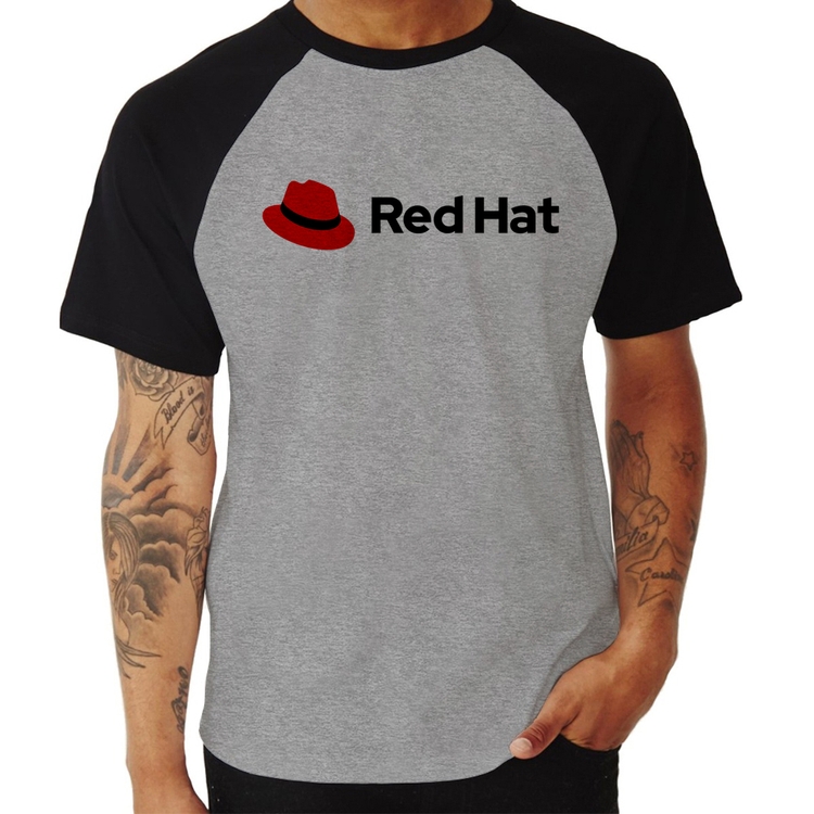Camiseta Raglan Red Hat Linux Logo - Cinza/Preto