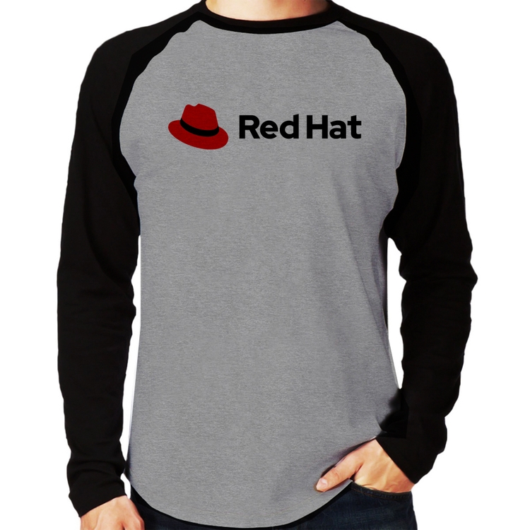 Camiseta Raglan Red Hat Linux Logo Manga Longa - Cinza/Preto