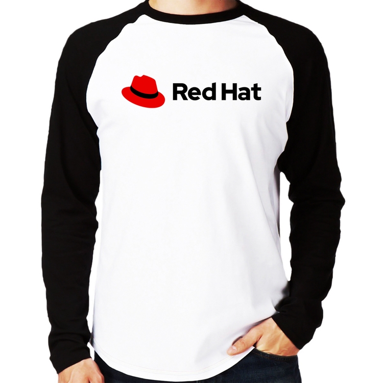 Camiseta Raglan Red Hat Linux Logo Manga Longa