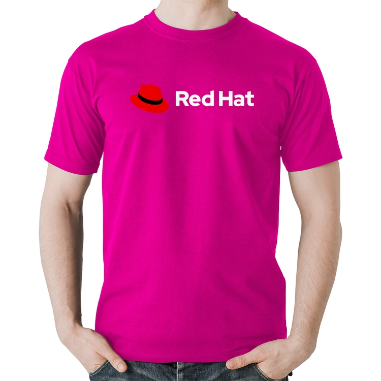 Camiseta Algodão Red Hat Linux Logo - Rosa