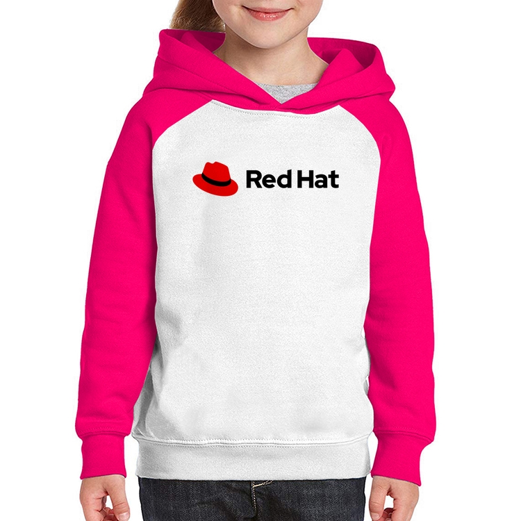 Moletom Infantil Red Hat Linux Logo - Branco/Rosa