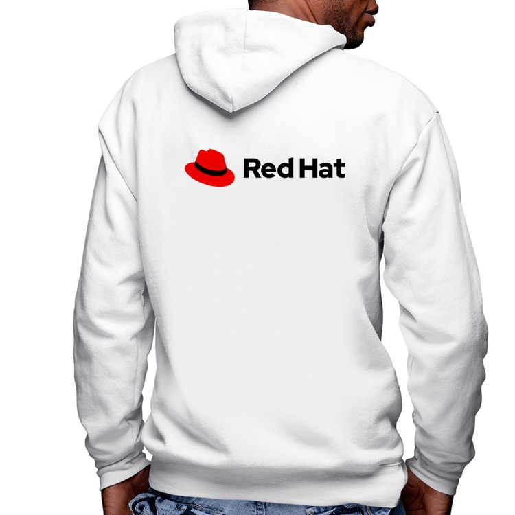 Blusa Moletom Red Hat Linux Logo Masculina com Capuz e Zíper - Branca