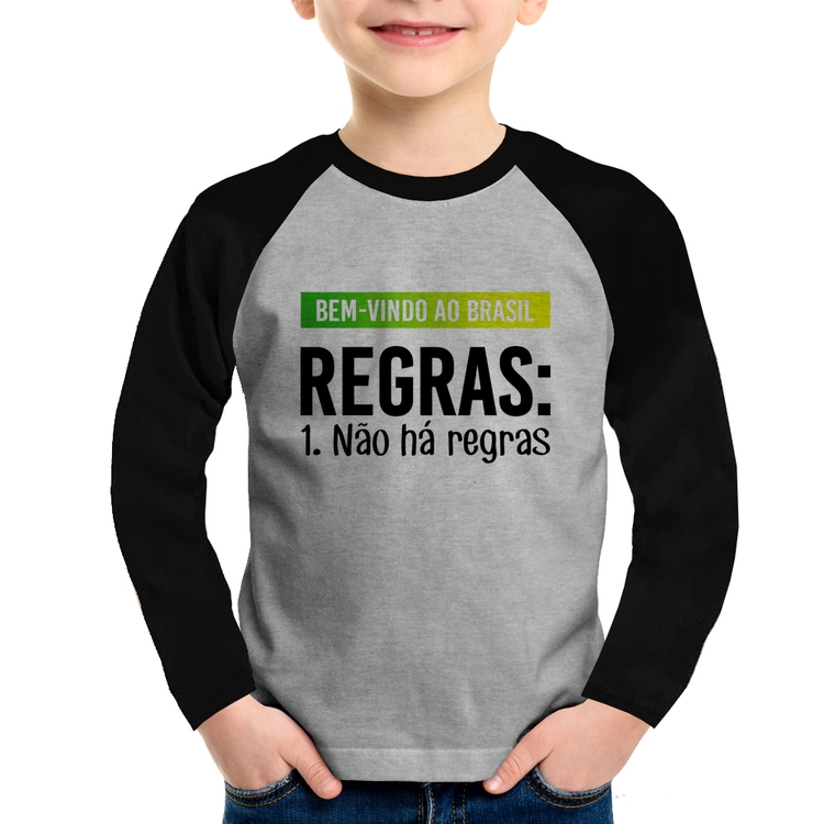 Camiseta Raglan Infantil Regras: Não há regras Manga Longa - Cinza/Preto