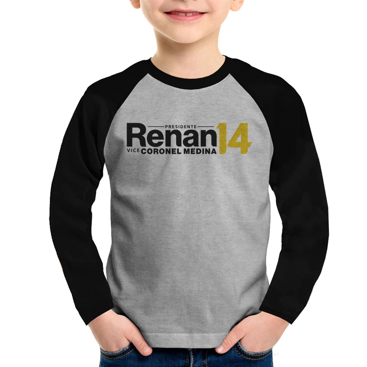 Camiseta Raglan Infantil Renan Santos Presidente MBL 14 Missão Manga Longa - Cinza/Preto