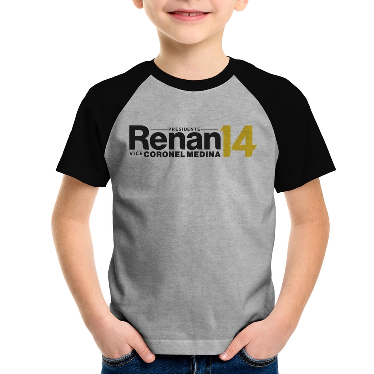 Camiseta Raglan Infantil Renan Santos Presidente MBL 14 Missão - Cinza/Preto