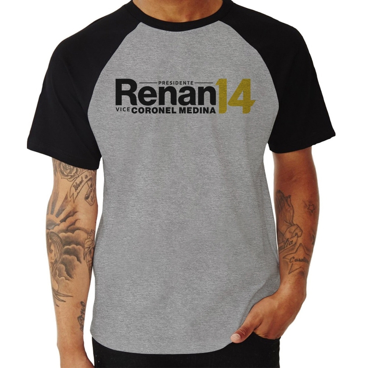 Camiseta Raglan Renan Santos Presidente MBL 14 Missão - Cinza/Preto