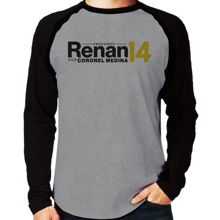 Camiseta Raglan Renan Santos Presidente MBL 14 Missão Manga Longa - Cinza/Preto