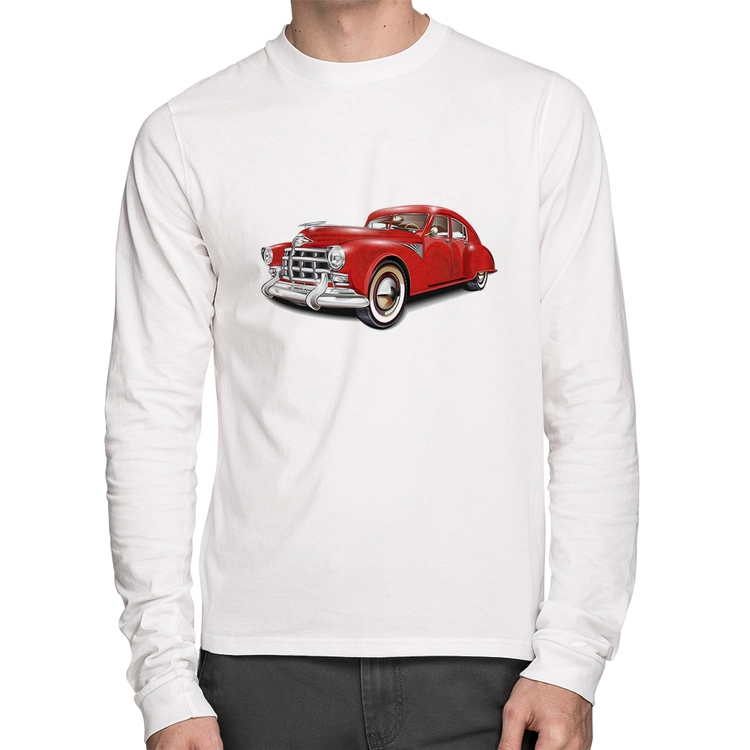 Camiseta Algodão Retro Classic Red Car Manga Longa - Branca