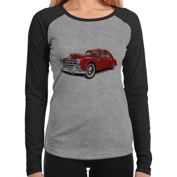 Baby Look Raglan Retro Classic Red Car Manga Longa - Cinza/Preto